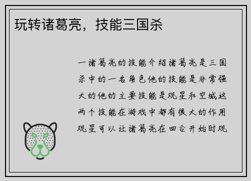 玩转诸葛亮,技能三国杀